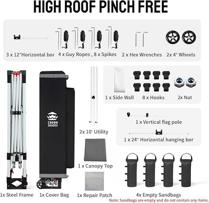 CROWN SHADES 10x10 Pop Up Canopy Tent with 1 Comercial Kit, Instant Commercial Tent with Patended Centerlock, 400D Silver Coated Fabric, 1 Sidewall, 4" Wheels, Sto'N Go Bag,Grey