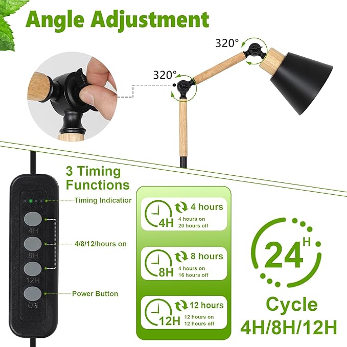 HMVPL Grow Lights for Indoor Plants Full Spectrum, Plant Lights for Indoor Growing with 20W COB Grow Light Blub, 4/8/12H Timer, Standing Tall Grow Lamp for Middle Large Plants(75'', Height Adjustable)