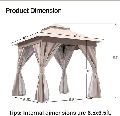LAUSAINT HOME Outdoor Patio Gazebo 8'x8' with Expansion Bolts, Heavy Duty Gazebos Shelter Party Tent with Double Roofs, Mosquito Nettings and Privacy Screens for Backyard, Garden, Lawn, Khaki