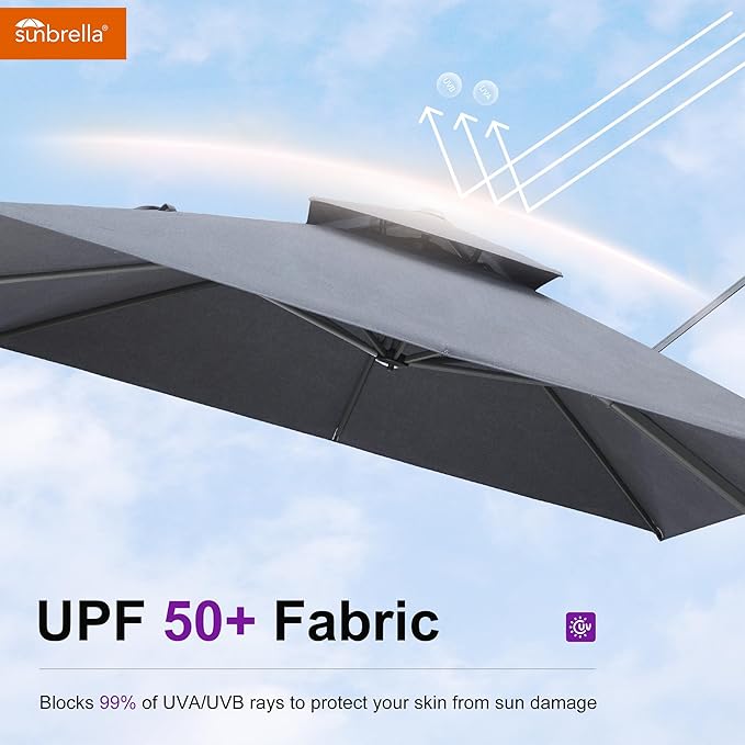 PURPLE LEAF 10 Feet Sunbrella Cantilever Umbrella Outdoor Double Top Large Hanging 360-degree Rotation Square Offset Umbrella for Patio Deck Pool Garden Backyard Cast Slate