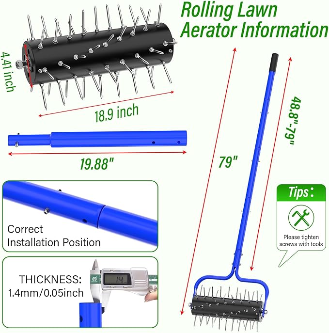 Lawn Aerator Roller,Manual Aerator Tool,Heavy Duty Lawn Spike Aerator Roller with 54 Spikes,79" Adjustable Handle Manual Push Aerator Lawn Tool,Lawn Aeration for Lawn Care & Soil Penetrat