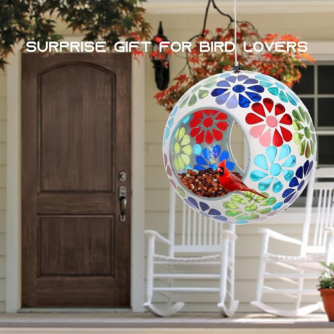 Bird Feeder - Mosaic Fly Through Bird Feeders for Outside Hanging with Round Shape Glass Container Birdfeeder for Garden Decor, 6.5 Inch Colorful Flower Design