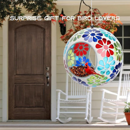 Bird Feeder - Mosaic Fly Through Bird Feeders for Outside Hanging with Round Shape Glass Container Birdfeeder for Garden Decor, 6.5 Inch Colorful Flower Design