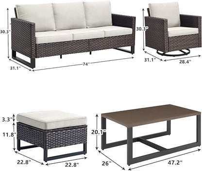Rilyson Wicker Outdoor Patio Furniture Set - 8 Piece Patio Conversation Set with 4 Swivel Rocker Chairs,2 Rattan Ottoman,1 Couch and 1 Metal Coffee Table for Outside Porch Deck Backyard(Brown/Beige)