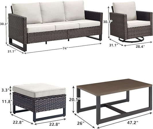 Rilyson Wicker Outdoor Patio Furniture Set - 8 Piece Patio Conversation Set with 4 Swivel Rocker Chairs,2 Rattan Ottoman,1 Couch and 1 Metal Coffee Table for Outside Porch Deck Backyard(Brown/Beige)