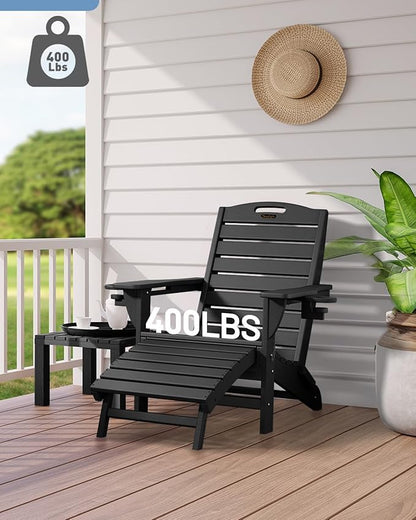 Folding Adirondack Chairs Set of 2,Adirondack Chair with Retractable Ottoman,Plastic Adirondack Chairs with 2 Cup Holder,Weather Resistant Patio Chair,Outdoor Chairs Set of 2(Black)
