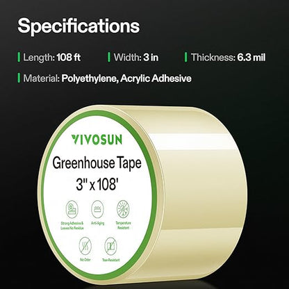VIVOSUN 3” x 108’ Greenhouse Repair Tape, 6.3 mil Clear Poly Patch Tape, Heavy Duty and Weatherproof, for Greenhouses, Plastic Sheeting, and Tents (Pack of 2)