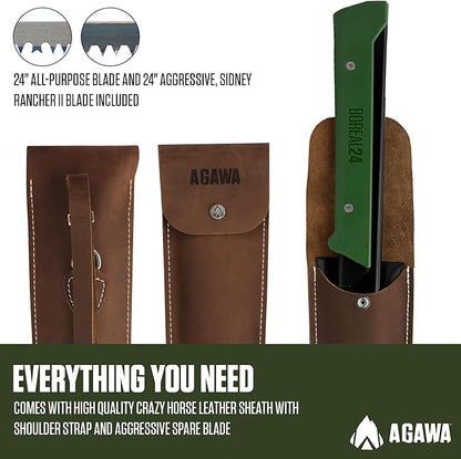 AGAWA - BOREAL24 Backwoods Kit - Includes 24" Folding Saw, Leather Sheath, 24" All-Purpose & 24" Aggressive Saw Blade - For Camping, Hunting & Survival Kit (Black Frame/Green Handle)
