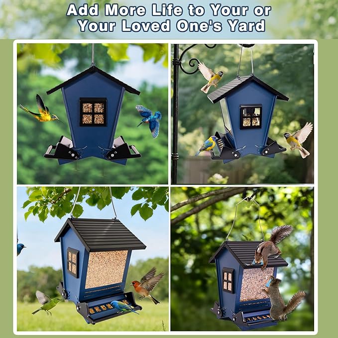 LSCQYYCCSquirrel Proof Bird Feeders for Outdoors Hanging, 5LB Capacity Metal Wild Birdfeeders Outside Hanging,Large Feeder That Attracts Cardinals, Chickadees, and More Birds-One in Blue