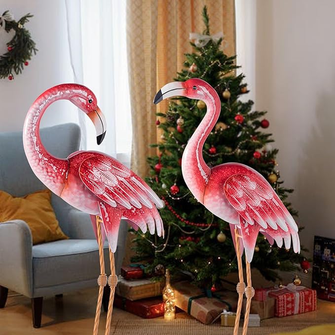 Natelf Pink Flamingo Yard Decorations, Metal Garden Statues and Sculptures, Standing Bird Lawn Ornaments for Patio Backyard Pond Decorations Set of 2