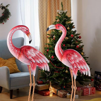 Natelf Pink Flamingo Yard Decorations, Metal Garden Statues and Sculptures, Standing Bird Lawn Ornaments for Patio Backyard Pond Decorations Set of 2