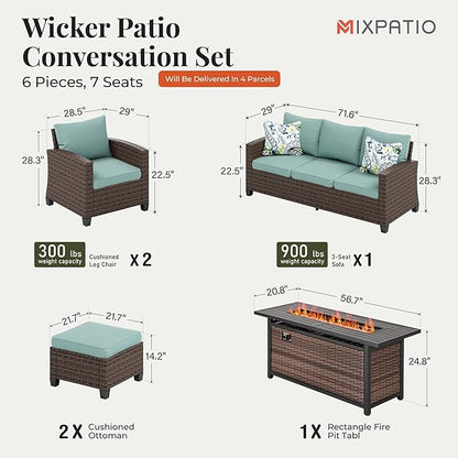 Patio Furniture Set, 6 Pcs Wicker Rattan Outdoor Conversation Set, 2 x Leg Chairs, 1 x 3 Seater Sofa and 2 x Ottoman with 4" Thick Cushion and 56" Fire Pit Table, Blue