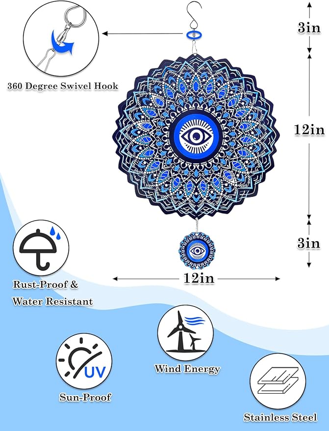 Evil Eye Wind Spinner-3D Metal Hanging Wind Spinners, Perfect Ornament Gifts for Women/Men, 12 Inch Spinfinity Wind Spinner for Outdoor & Indoor Decorations, Yard Art, Garden Decoration
