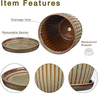 Oairse Ceramic Pots for Indoor Plants, 7.8 inch Pots for Plants Brown Planters with Drainage Holes and Saucers Texture Ceramic Planters Indoor Outdoor for Succulent