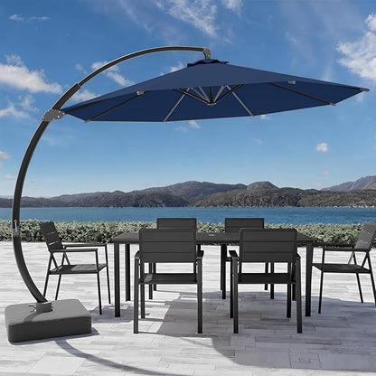 7-Piece Patio Dining Set with 11 FT Curvy Cantilever Umbrella, HDPE Tabletop & Aluminum Frame All-Weather Outdoor Furniture for Garden, Backyard, Poolside, Black
