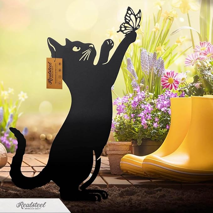 RealSteel I 3 Pack Steel Cat Garden Decor I Outdoor Yard Decorations I Gift for Cat Lovers I Lawn Ornaments and Statues I Garden Signs Decorative Outdoor - Textured Silver