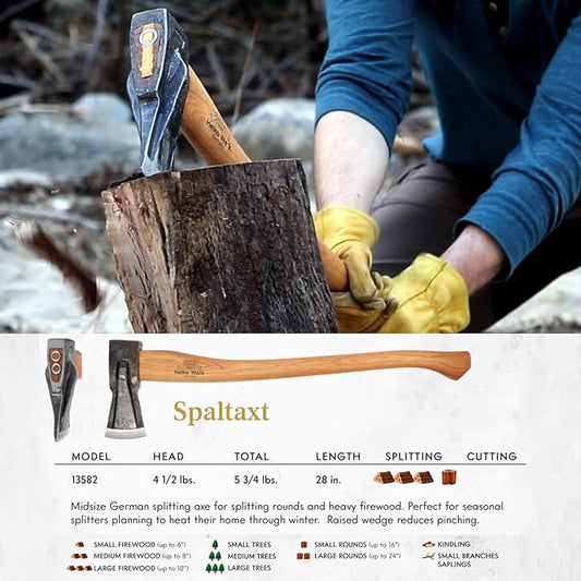 1844 Helko Werk Germany Traditional Spaltaxt - German Splitting Axe, Made in Germany Wood Splitter and Wood Splitting Axe Midsize Medium Splitting Axe - Head 4.5 lbs, Handle 28 in. (Spaltaxt) #13582