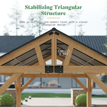 AMERLIFE 13x15 ft Spruce Wood Gazebo, Outdoor Gazebo with Bar Storage, Hardtop Wooden Paviloin with Metal Steel Gable Roof, Patio, Garage, Black + Natural Wood
