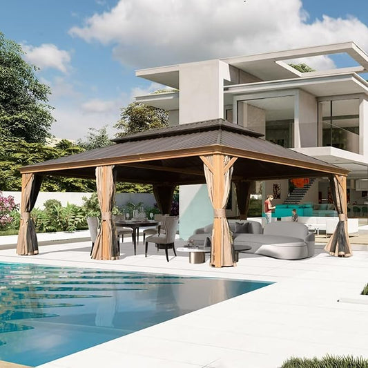 Domi 14'x22' Hardtop Gazebo Canopy,Outdoor Aluminum Gazebo with Galvanized Steel Double Roof, Extra Large Permanent Gazebo Pavilion for Patio Deck Backyard,Curtain and Netting,Wood Grain