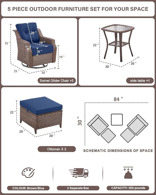 Belord 5 Piece Wicker Patio Furniture Set with Ottoman - High Back Outdoor Swivel Rocker Glider Chairs with Glass Top Side Table,28D High-Density 6" Removable Blue Cushion for Deck Porch Backyard