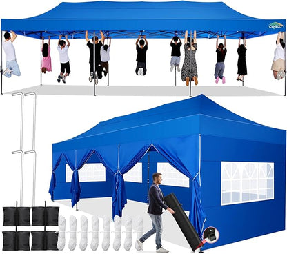 COBIZI 10x30 Pop up Canopy Tent 10x30 Canopy with Sidewall Waterproof Heavy Duty Commercial for Parties Outdoor Garden Gazebo Tent, Carry Bag with Wheel(10x30ft with Sidewalls,Blue)