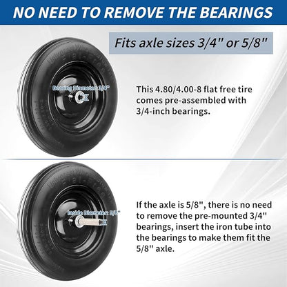RRQ 4.80/4.00-8 Tire Flat Free, 14.5" Solid Wheelbarrow Tire with 3" Centered Hub and 3/4" Bearings(Comes with 5/8" ID Iron Tube Adapter), Universal Fit 4.80-8, 4.00-6, 3.50/2.50-8 Wheelbarrow Wheels