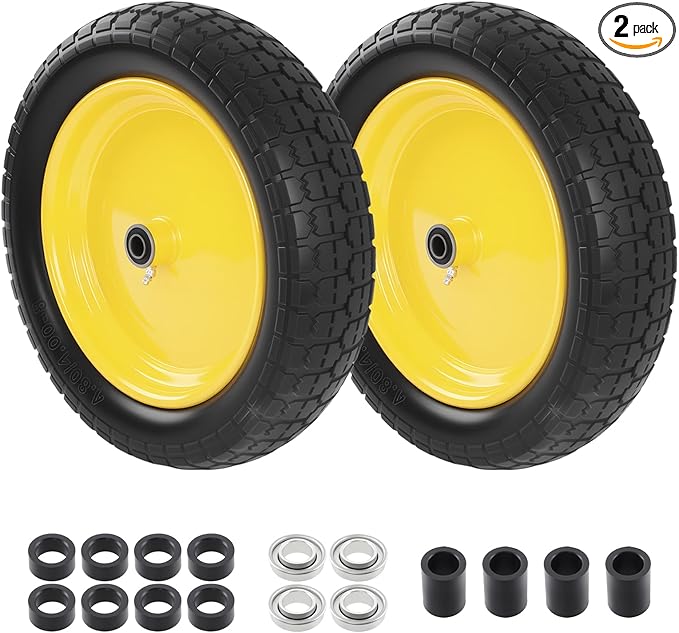 HQPASFY 2 Pack 16" Flat Free Tire 4.80/4.00-8 Wheelbarrow Tire and Wheel, 3" Centered Hub, 5/8" & 3/4" Bearings Replacement for Wheelbarrows, Garden Carts, Dump Carts, Lawn Equipment