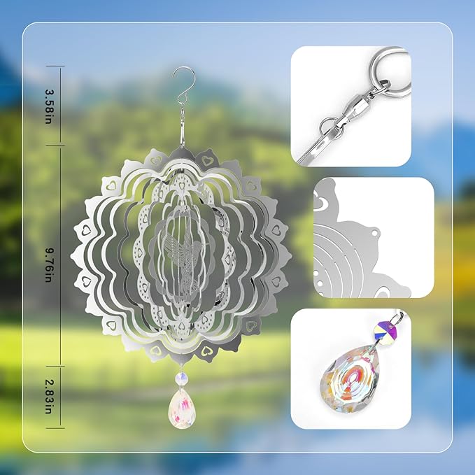 3D Wind Spinners Outdoor Flowing-Light Effect Metal Garden Decor, Highly Reflective Bird Deterrents for Outside, Mirrored Wind Sculptures to Scare Birds Away from Yard Patio Farm (Hummingbird-Silver)