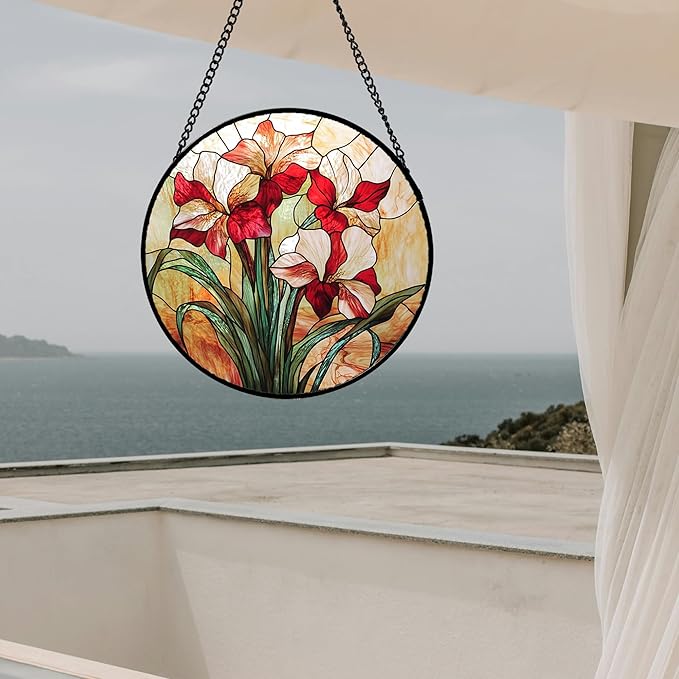 Stained Glass Window Hanging - Red Gladiolus Flower Suncatcher for Door Yard Sun Catchers Decor Christmas Mother's Day Birthday Gifts for Lovers Women Mom Nana Girlfriend Wife 11.8 in