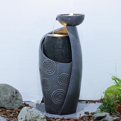 Vase Outdoor Water Fountain, 31.4''H Jar Waterfall Fountain with Warm LED Lights&Durable Pump for Yard, Porches, Home Décor,Garden,Office