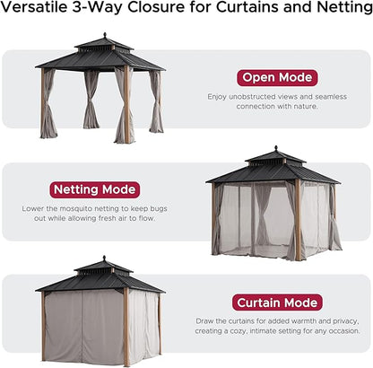 SUNJOY Kingston 10' x 10' Hardtop Gazebo with Galvanized Steel Double Roof, Curtain and Netting, Woodgrain Finish Aluminum Posts Permanent Pavilion Gazebo for Garden, Patio, Deck, Lawn