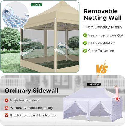 COBIZI 10x10 Heavy Duty Pop Up Canopy Tent with 4 Sidewalls, Commercial Gazebo Party Tent with Mosquito Netting Wall Easy Set Up Outdoor Instant Screen Canopy for Backyard, Patio, Garden, Khaki