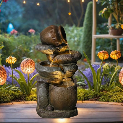 Outdoor Rock Garden Water Fountain for Garden, Patio, Backyard, Deck, Porch and Office, Living Room Home Art Decor, 3 Tiers Natural Cascading Outdoor Fountain with LED Lights 11“x9”x22