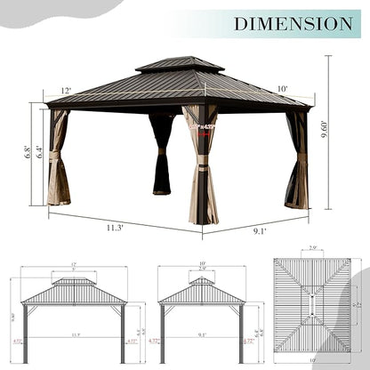 Domi Outdoor Living 10’ X 12’ Hardtop Gazebo, Outdoor Aluminum Frame Canopy with Galvanized Steel Double Roof, Outdoor Permanent Metal Pavilion with Curtains and Netting for Patio, Backyard and Lawn