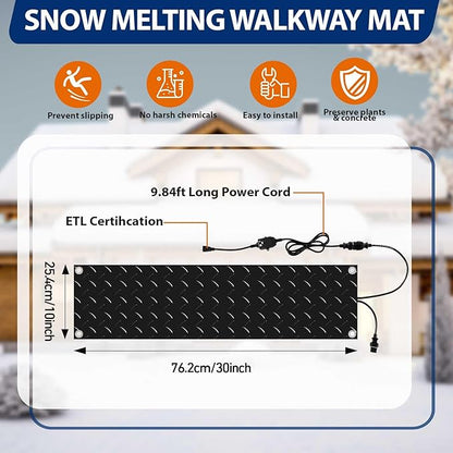 Riakrum 18 Pcs Heated Snow Melting Mats Outdoor, 10 x 30 in Winter Anti-Slip Heated Rubber Mat for Walkways Decks and Sidewalks, Snow and Ice Melting Pads Connection with 9.84 ft Power Cord