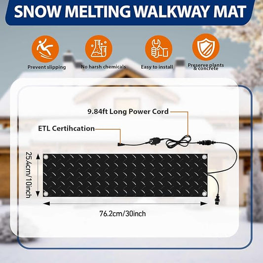 Riakrum 2 Pcs Heated Snow Melting Mats Outdoor, 10 x 30 in Winter Anti-Slip Heated Rubber Mat for Walkways Decks and Sidewalks, Snow and Ice Melting Pads Connection with 9.84 ft Power Cord