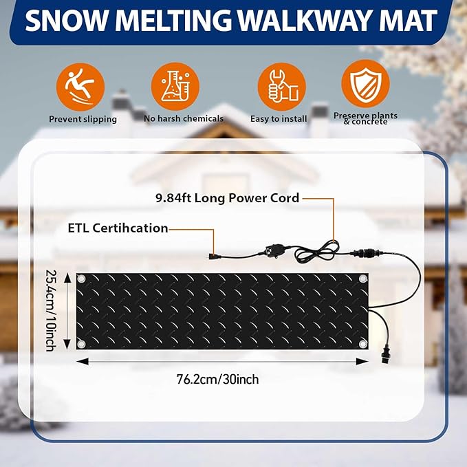 Riakrum 7 Pcs Heated Snow Melting Mats Outdoor, 10 x 30 in Winter Anti-Slip Heated Rubber Mat for Walkways Decks and Sidewalks, Snow and Ice Melting Pads Connection with 9.84 ft Power Cord