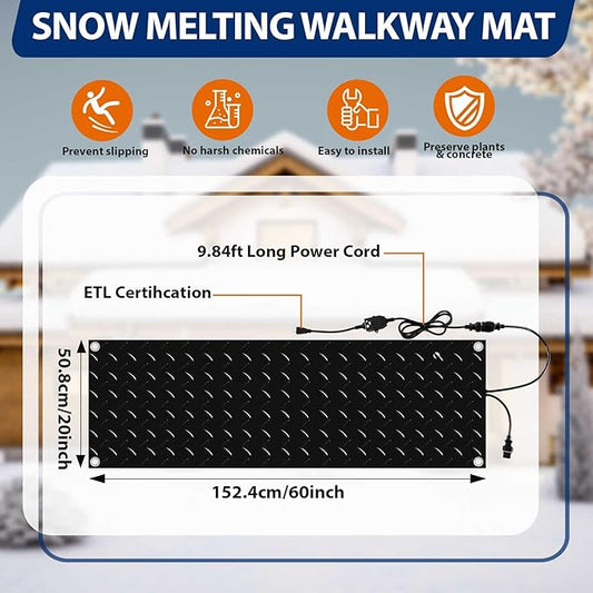 Riakrum 2 Pcs Heated Snow Melting Mats Outdoor, 20 x 60 in Winter Anti-Slip Heated Rubber Mat for Walkways Decks and Sidewalks, Snow and Ice Melting Pads Connection with 9.84 ft Power Cord