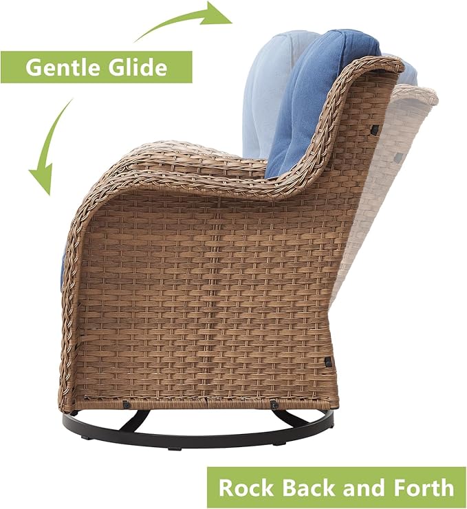 Outdoor Patio Swivel Rocker Chairs - 3 Piece Patio Bistro Set,Wicker Patio Furniture Set with 2 Swivel Rocking Chairs and 1 Glass Top Side Table for Deck Porch Garden,Yellow/Blue