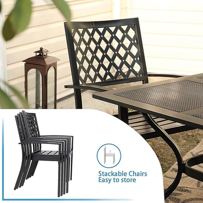 PHI VILLA Patio Dining Set Metal Table and Chairs Furniture 7 Piece, Large with Umbrella Hole 6 Backyard Garden Support 300LBS for Deck, Lawn, Garden, Black, 64'' x 38'' x 29''