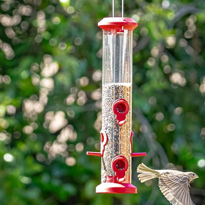 Kingsyard 2 Pack Tube Bird Feeders for Outdoors Hanging, Premium Hard Plastic Bird Feeder with 6 Feeding Ports, Weatherproof & Steel Hanger, Attracting for Wild Birds (Red)