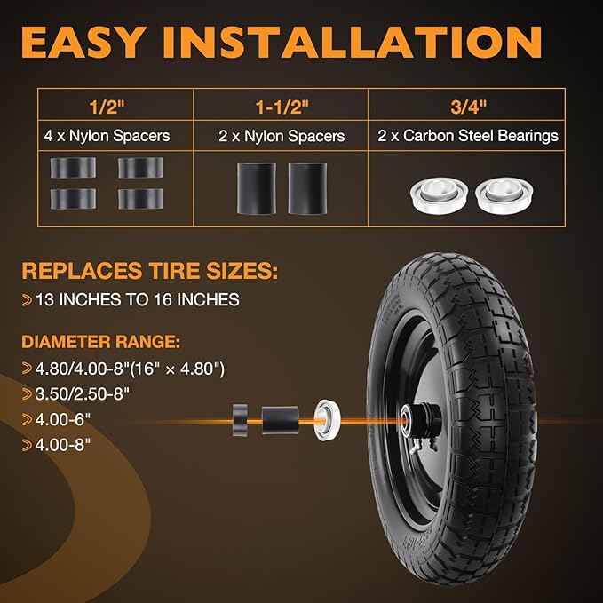 HQPASFY 14.5" Flat Free Tire 4.80/4.00-8 Wheelbarrow Tire and Wheel, 3" Centered Hub, 5/8" & 3/4" Bearings Replacement for Wheelbarrows, Garden Carts, Dump Carts, Lawn Equipment