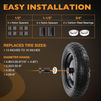 HQPASFY 14.5" Flat Free Tire 4.80/4.00-8 Wheelbarrow Tire and Wheel, 3" Centered Hub, 5/8" & 3/4" Bearings Replacement for Wheelbarrows, Garden Carts, Dump Carts, Lawn Equipment