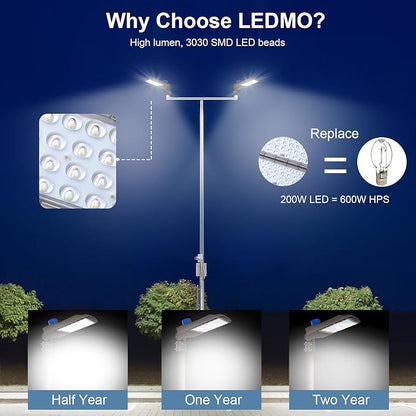 ledmo 200W LED Parking Lot Lights 5000K Street Shoebox Pole Lights Waterproof 26000LM Super Bright Dusk to Dawn Outdoor Commercial Area Flood Security Lighting Slip Fitter for Stadium Sport Garage