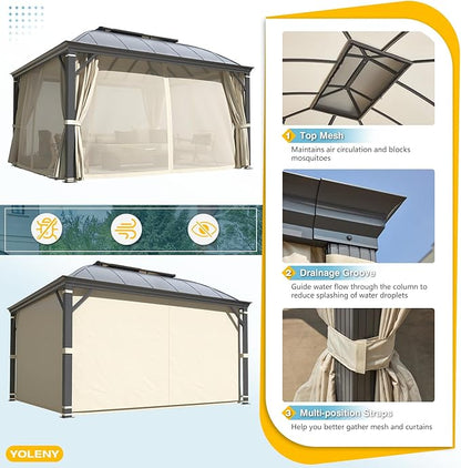 YOLENY 12'x14' Hardtop Gazebo, Permanent Outdoor Aluminum Patio Gazebo with Aluminum Composite Double Arc Roof for Patio Lawn and Garden, Curtains and Netting Included