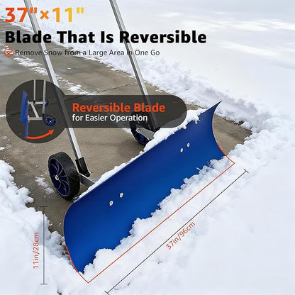 37-inch Snow Pusher Shovel with Wheels, Lightweight Aluminum Alloy Snow Plow for Driveway & Sidewalks, Reversible & Angled Blade, 90° Ergonomic Handle for Efficient Snow Removal, Back Saver