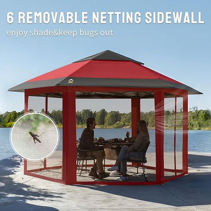 CROWN SHADES 12x12 Pop up Gazebo with Mosquito Nettings, Patented Center Lock 6-Sided Portable Gazebo, 300D Silver-Coated Fabric UV Resistant, Pop Up Canopy Tent for Patio, Party, Red&Grey