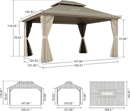 PURPLE LEAF 12' x 14' Outdoor Hardtop Gazebo, Champagne Aluminum Gazebo with Galvanized Steel Double Roof, Curtains and Netting for Patio Lawn and Garden