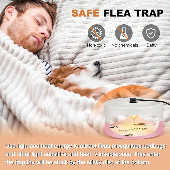 Qualirey 4 Packs Flea Traps for Inside Your Home with 8 Sticky Disc 12 Bulbs 4 Electric Wires, Pest Insects Killer Bed Bug with Light for Indoor Safe to Pets(Round Flea Trap,Pink, White)