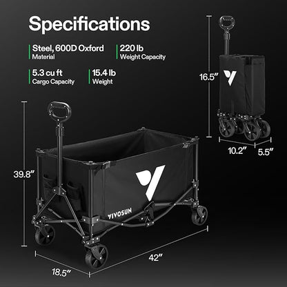 VIVOSUN Collapsible Wagon with Side Gates, 220lb Load-Bearing Outdoor Utility with All-Terrain Wheels, Adjustable Handle, Cup Holders for Camping, Shopping, Garden, Sports, Picnic, Black